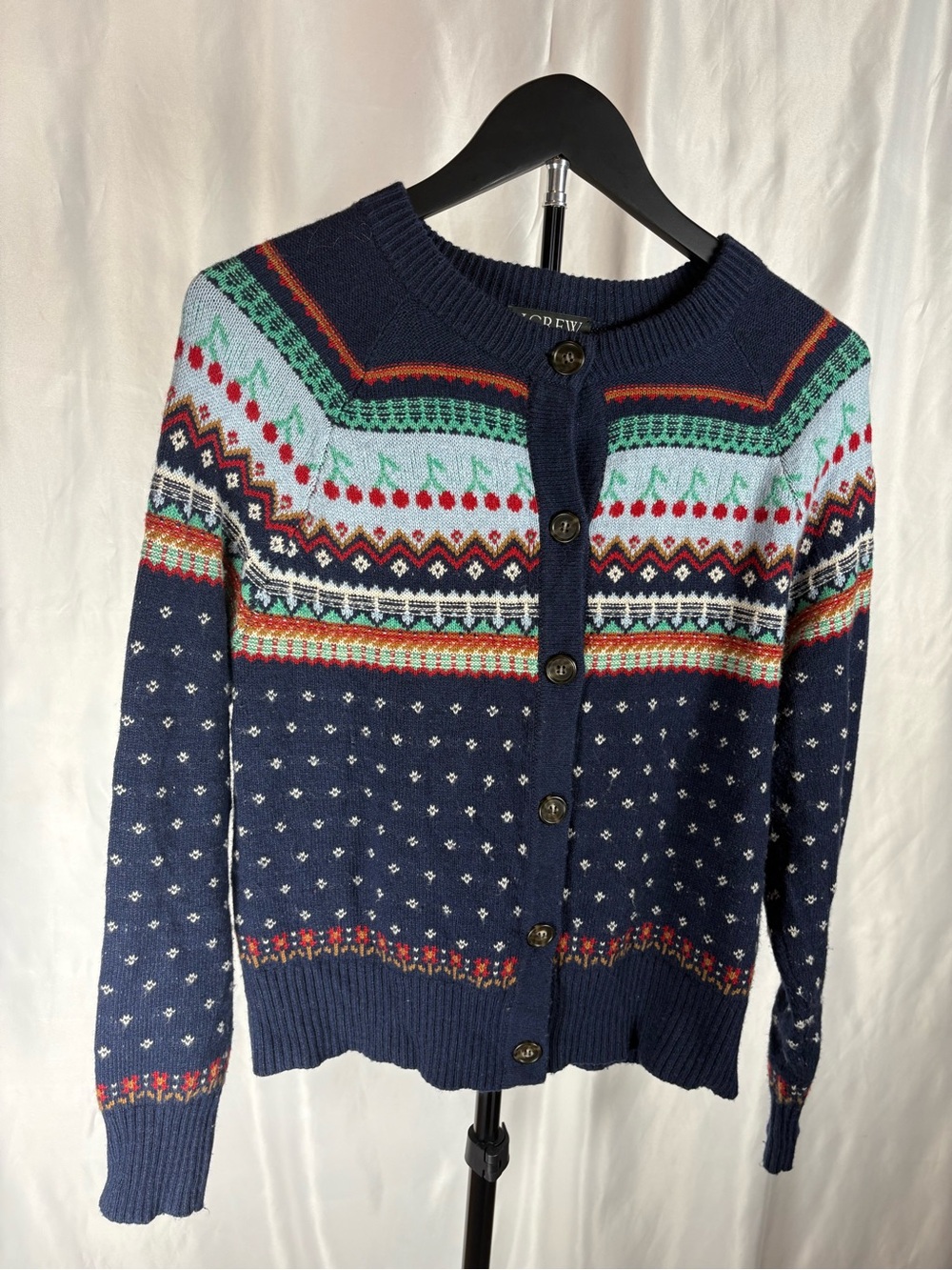 J. Crew Navy Fair Isle Button Cardigan with Mint and Red Accents